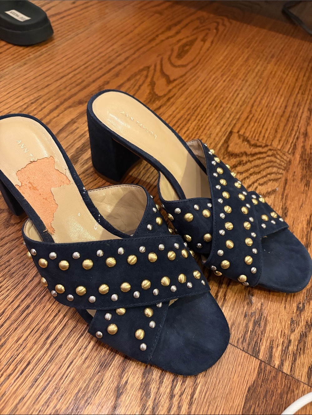 Ann Taylor Navy Suede Studded Block Heel Mules